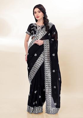 Black Embroidered Silk Saree Set