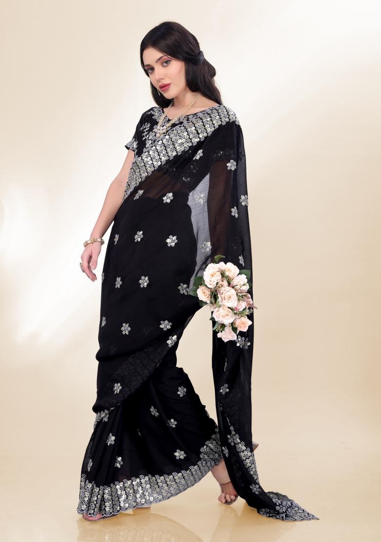 Black Embroidered Silk Saree Set