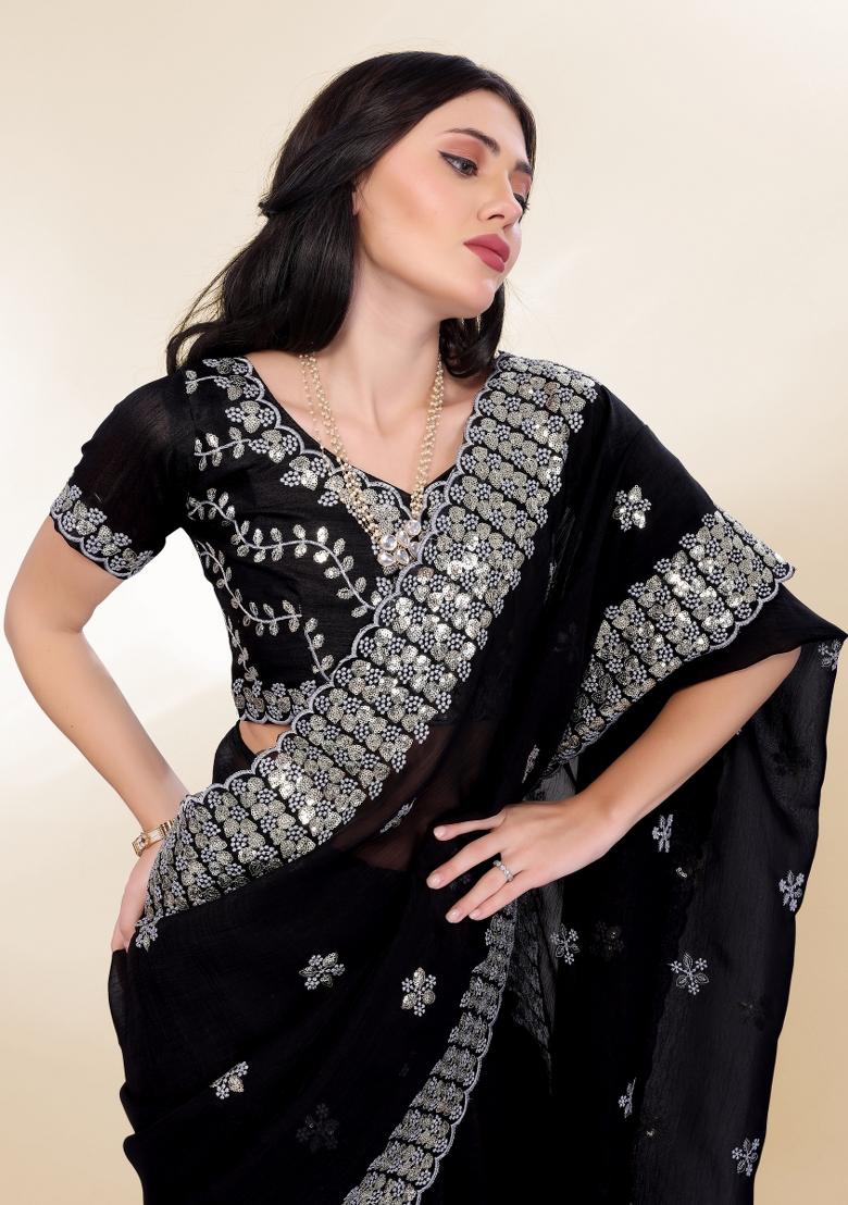 Black Embroidered Silk Saree Set