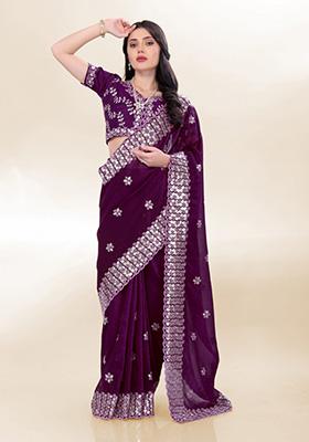 Purple Embroidered Silk Saree Set