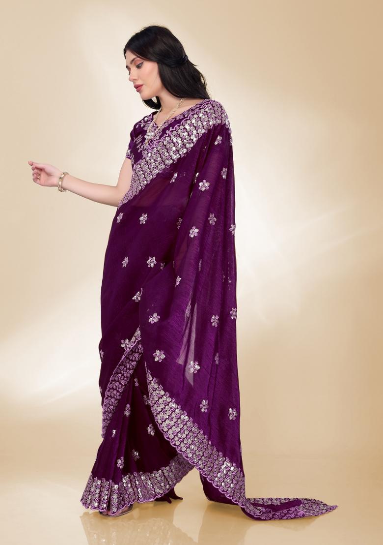 Purple Embroidered Silk Saree Set