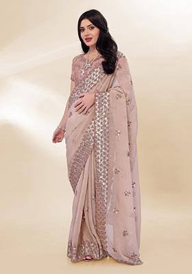 Beige Embroidered Silk Saree Set