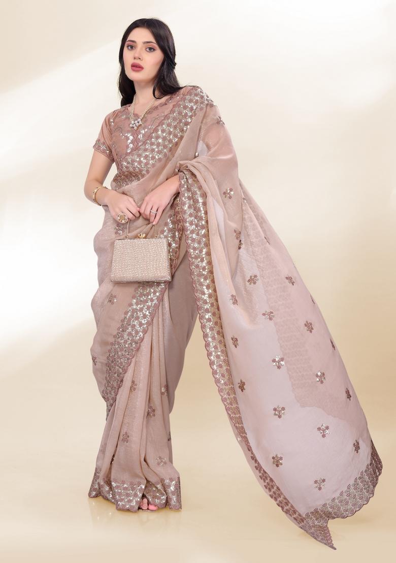 Beige Embroidered Silk Saree Set