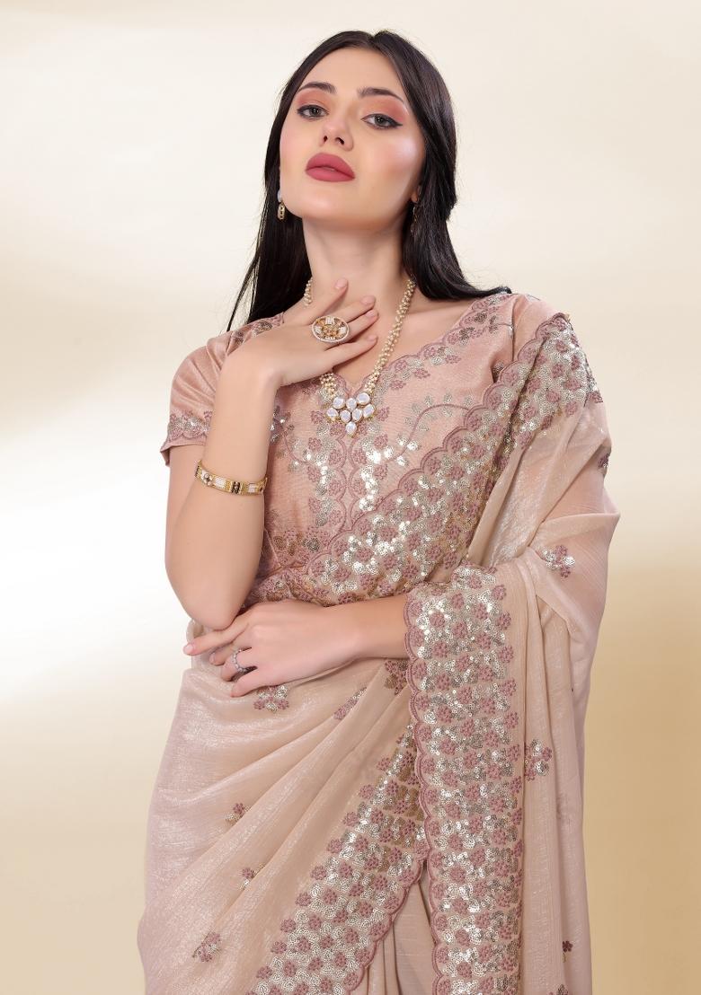 Beige Embroidered Silk Saree Set