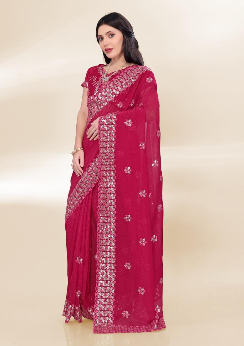 Rani Pink Embroidered Silk Saree Set
