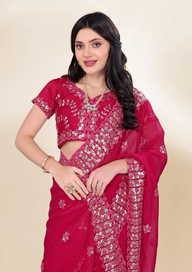 Rani Pink Embroidered Silk Saree Set