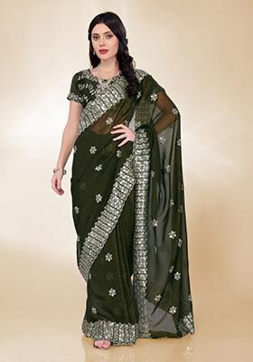 Green Embroidered Silk Saree Set