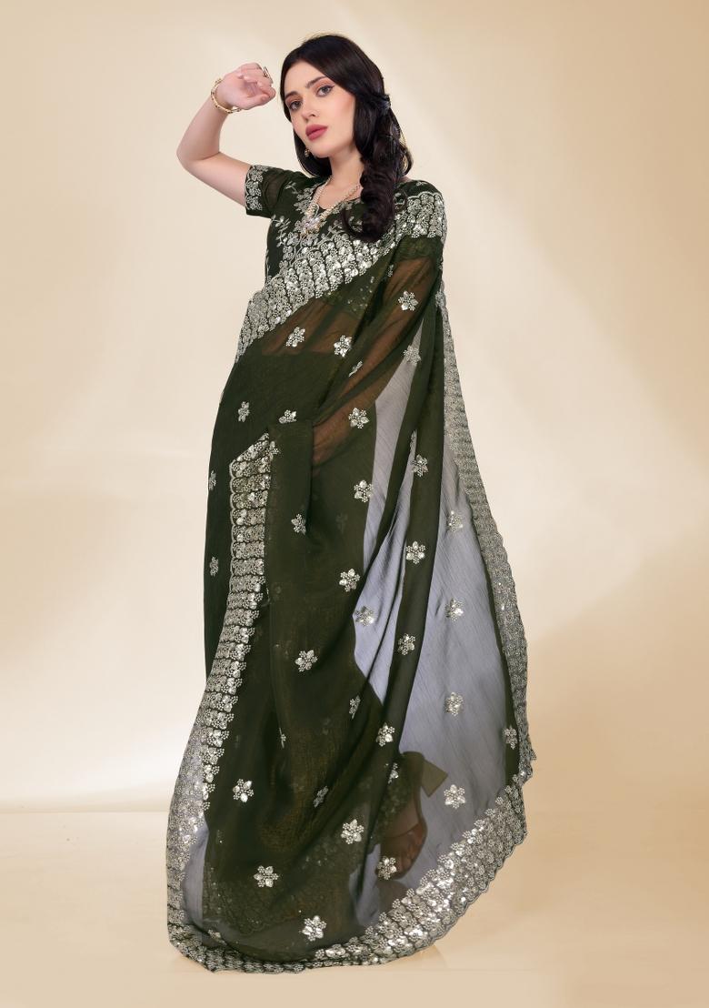Green Embroidered Silk Saree Set