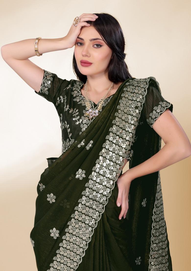 Green Embroidered Silk Saree Set