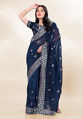 Blue Embroidered Silk Saree Set