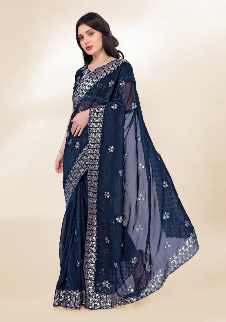 Blue Embroidered Silk Saree Set