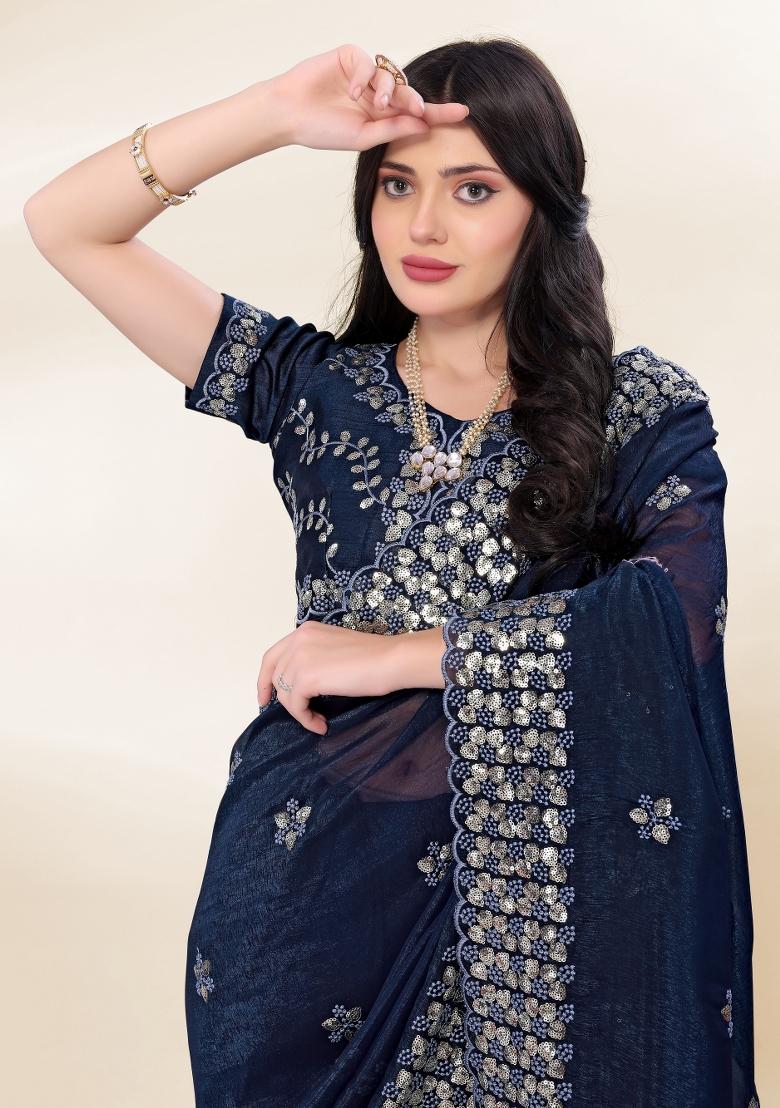 Blue Embroidered Silk Saree Set