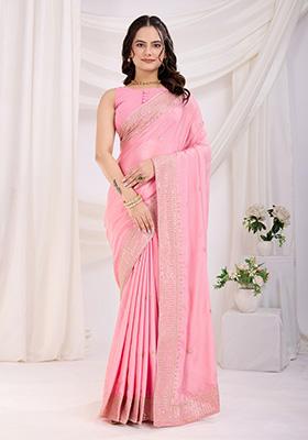 Light Pink Embroidered Silk Saree Set