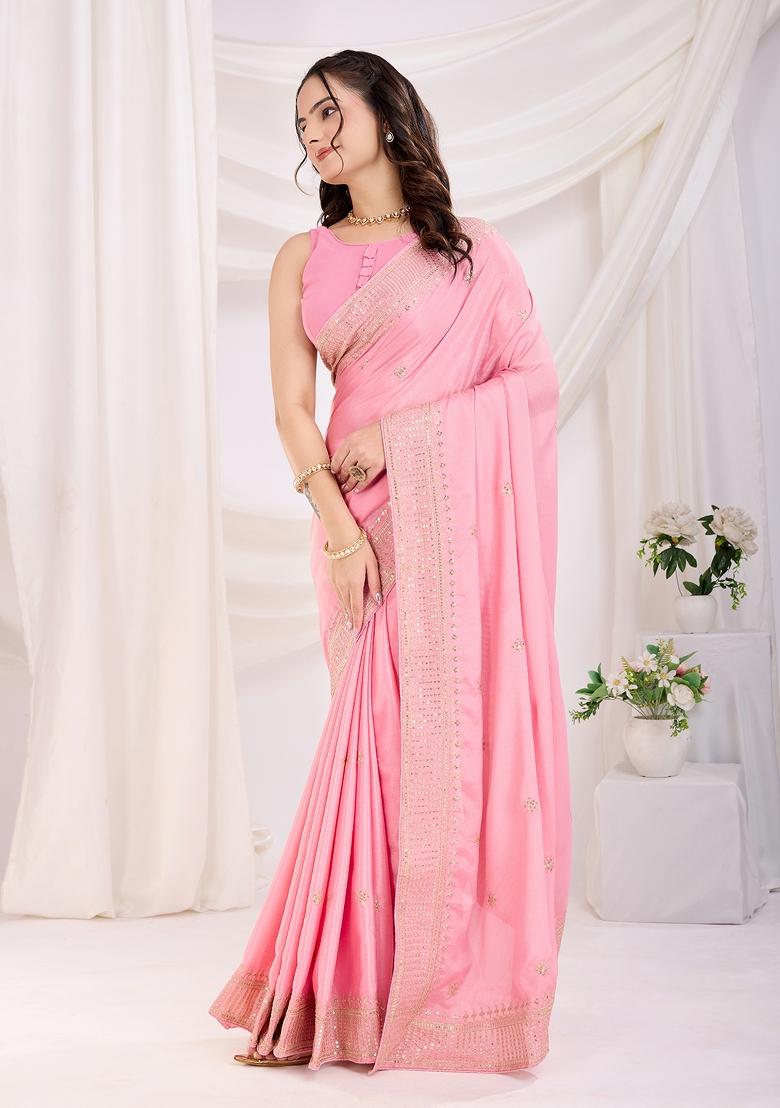 Light Pink Embroidered Silk Saree Set