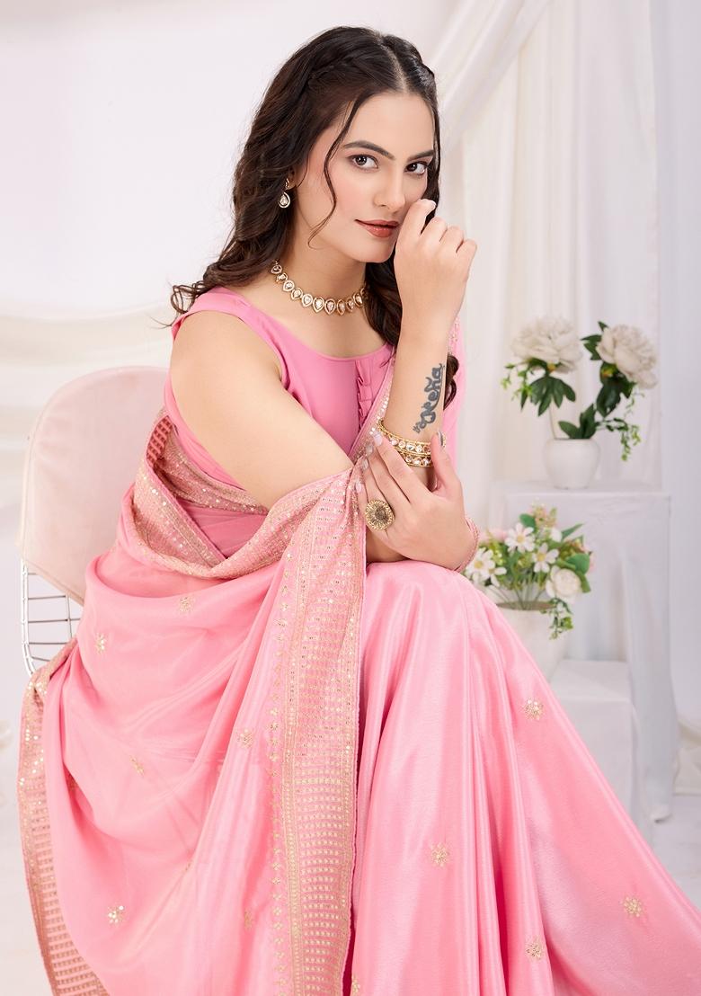 Light Pink Embroidered Silk Saree Set