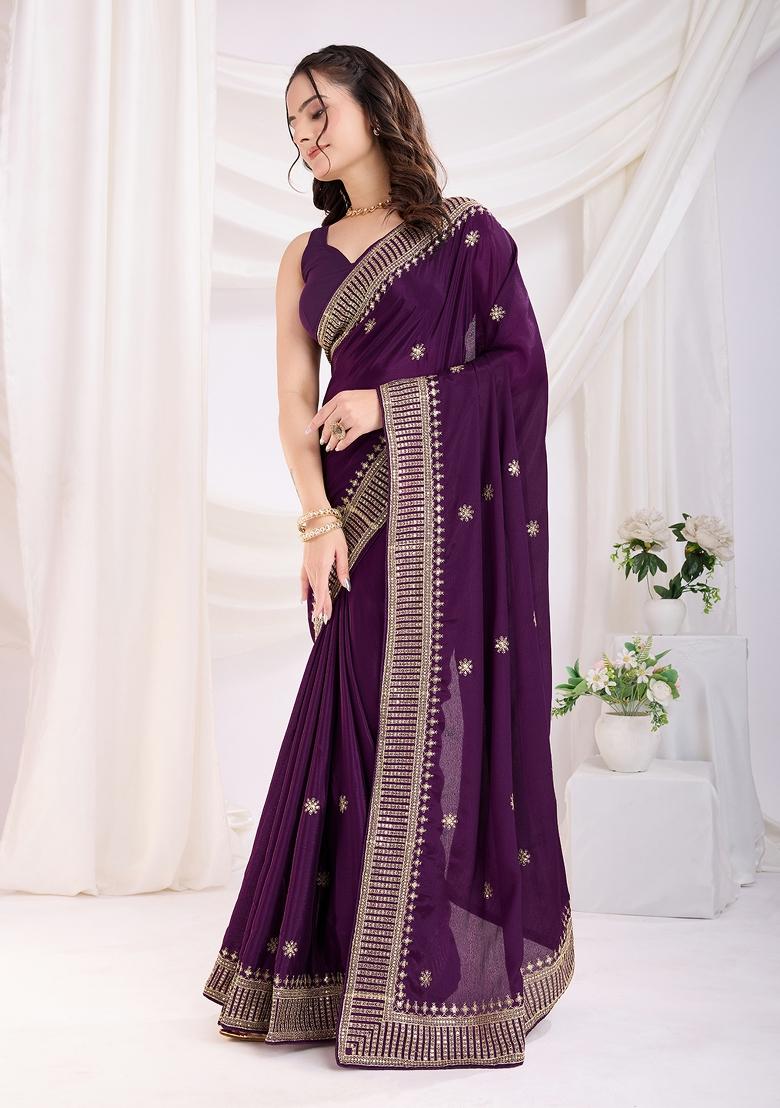 Purple Embroidered Silk Saree Set