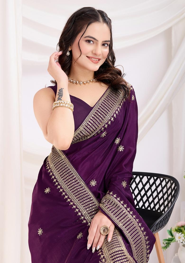 Purple Embroidered Silk Saree Set