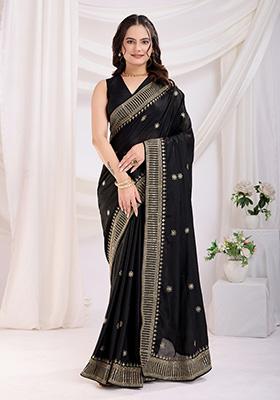 Black Embroidered Silk Saree Set