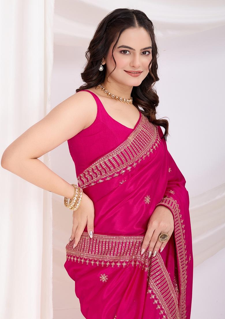 Rani Pink Embroidered Silk Saree Set