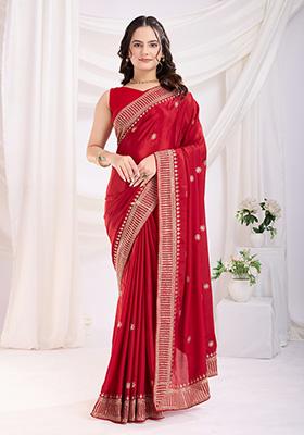 Red Embroidered Silk Saree Set