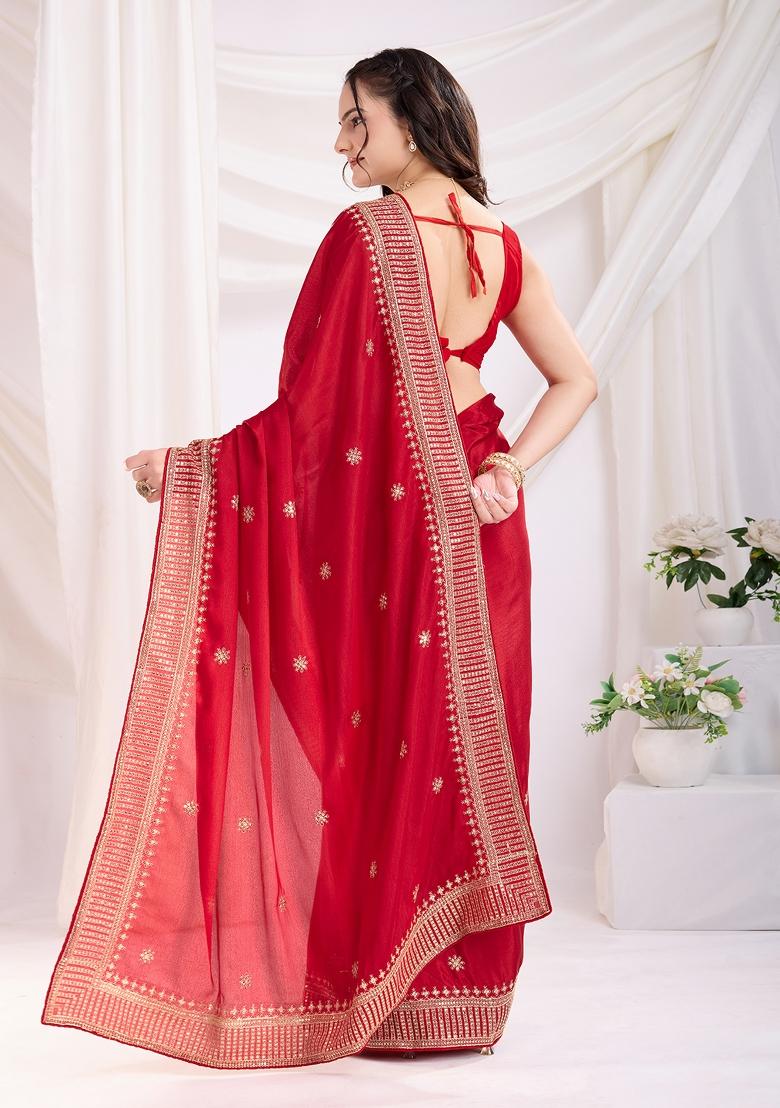 Red Embroidered Silk Saree Set