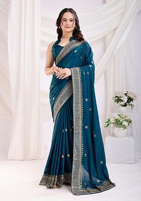 Blue Embroidered Silk Saree Set