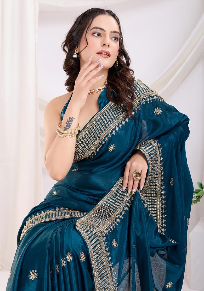 Blue Embroidered Silk Saree Set