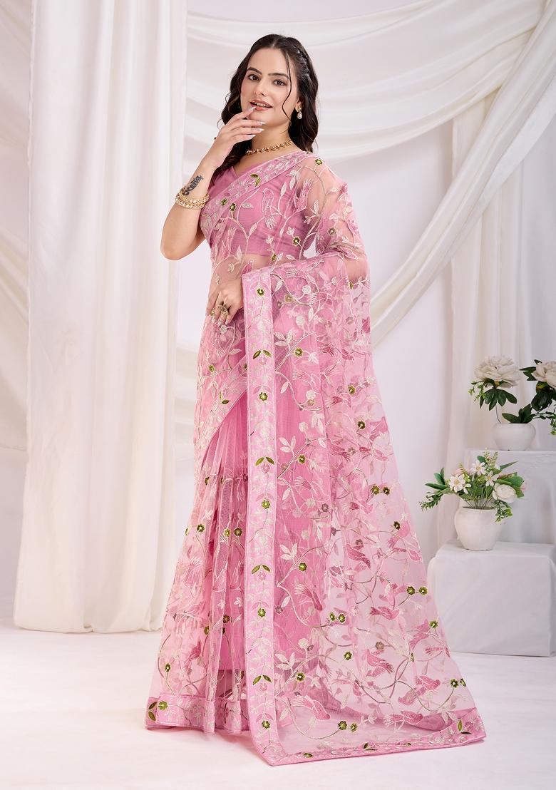 Light Pink Embroidered Soft Saree Set