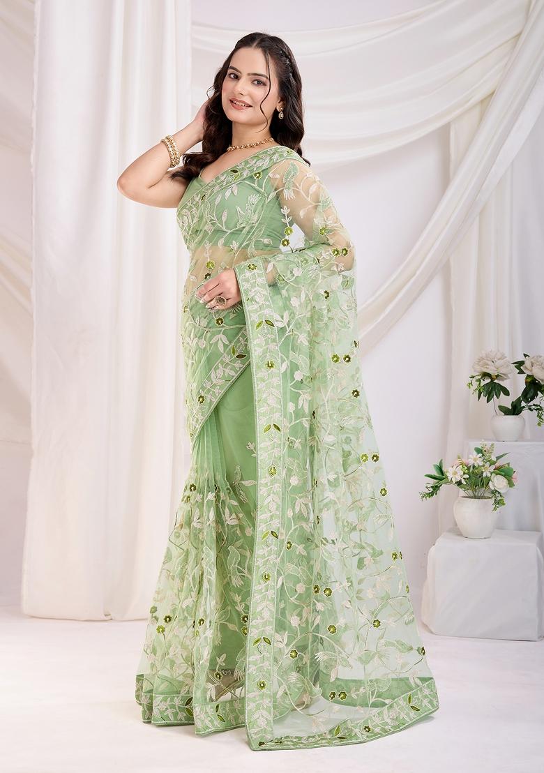 Pastel Green Embroidered Soft Saree Set