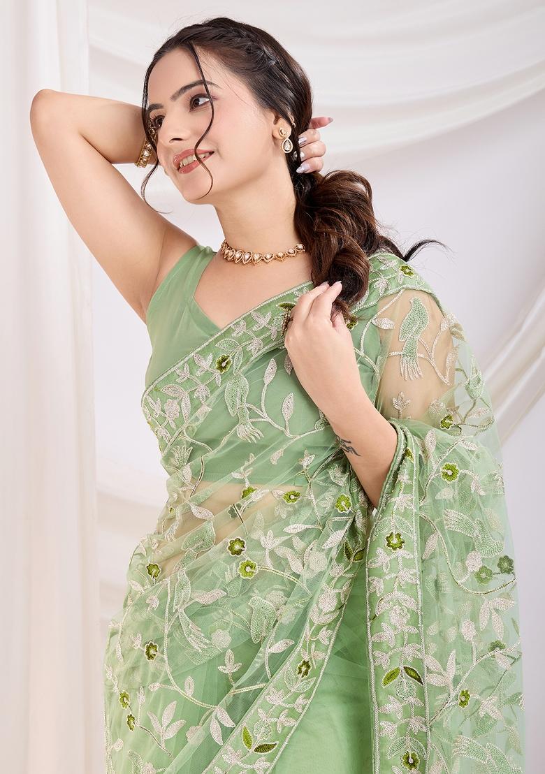 Pastel Green Embroidered Soft Saree Set