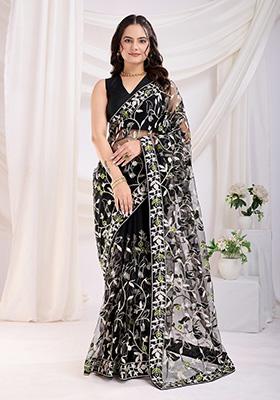 Black Embroidered Soft Saree Set