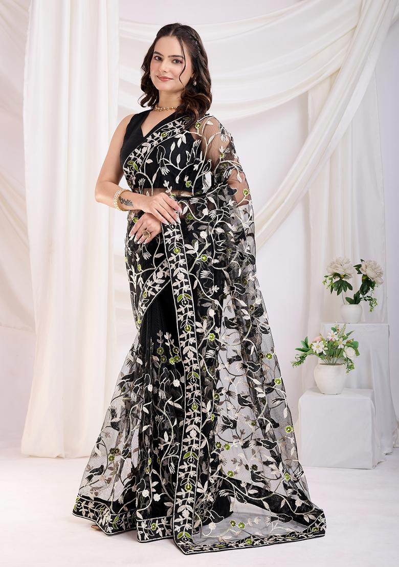 Black Embroidered Soft Saree Set