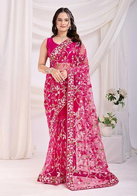 Rani Pink Embroidered Soft Saree Set