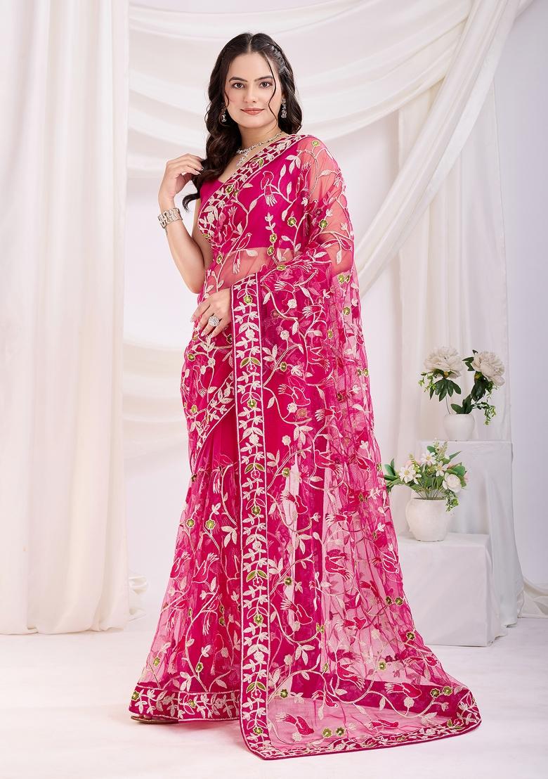 Rani Pink Embroidered Soft Saree Set