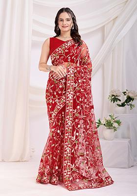 Red Embroidered Soft Saree Set