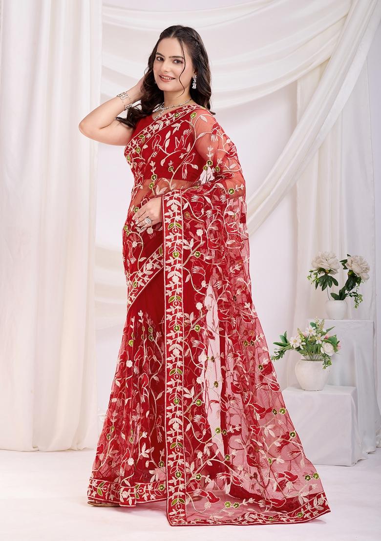 Red Embroidered Soft Saree Set