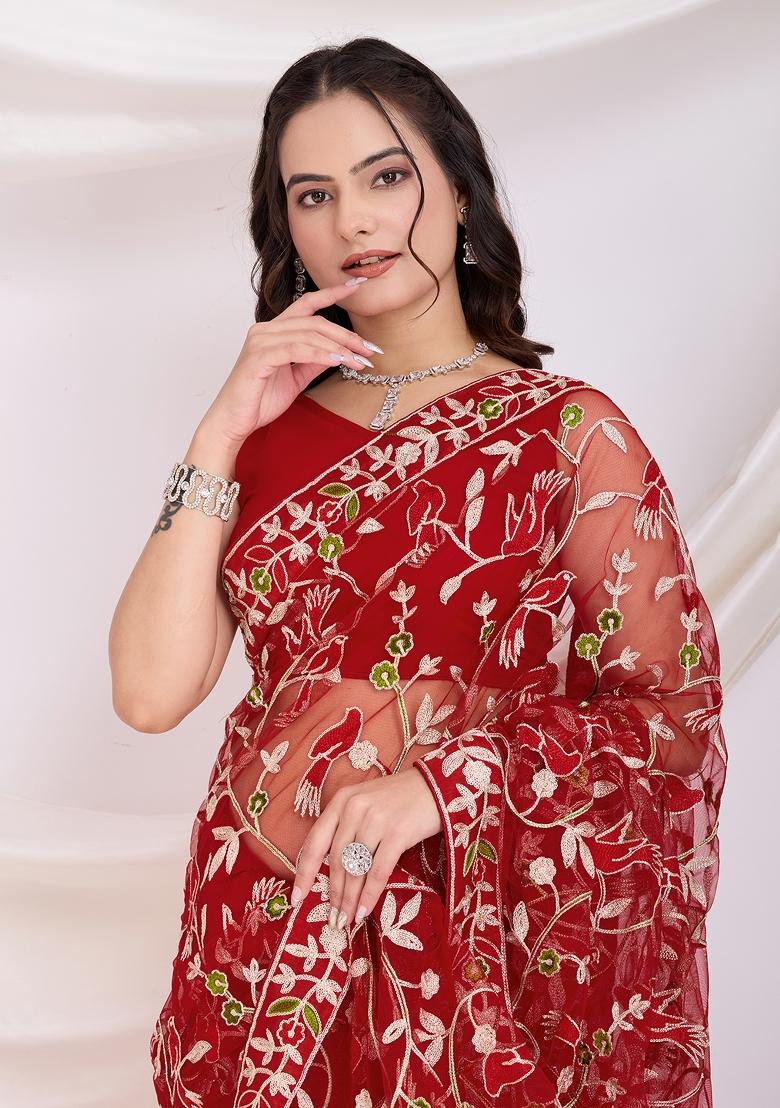 Red Embroidered Soft Saree Set