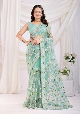 Sky Blue Embroidered Soft Saree Set