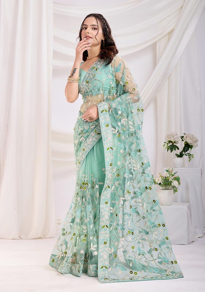 Sky Blue Embroidered Soft Saree Set
