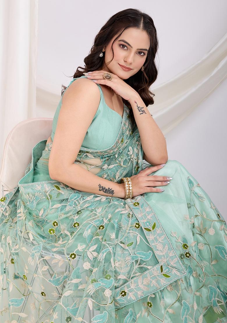 Sky Blue Embroidered Soft Saree Set