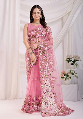 Pink Embroidered Soft Saree Set
