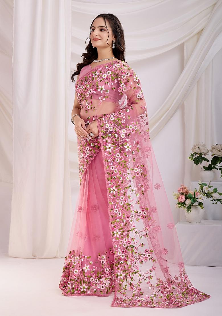 Pink Embroidered Soft Saree Set