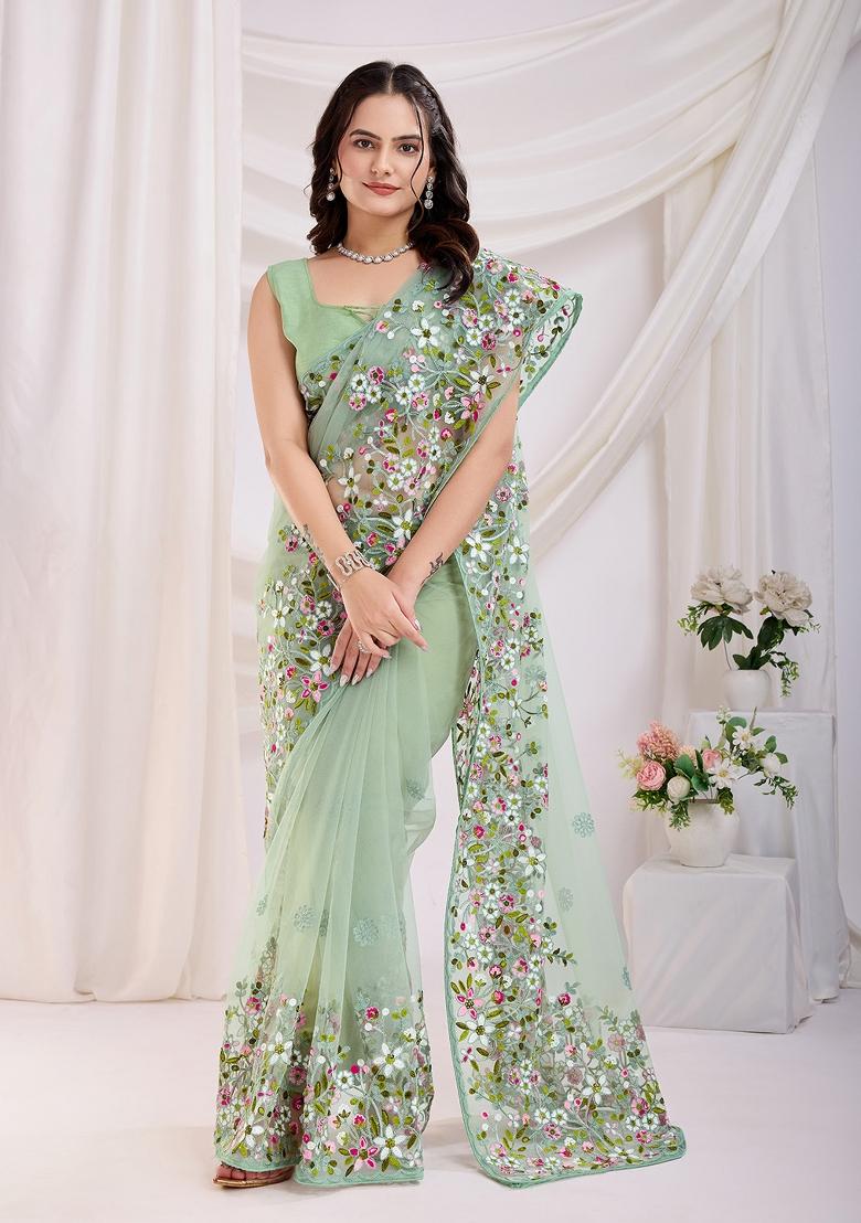 Pastel Green Embroidered Soft Saree Set
