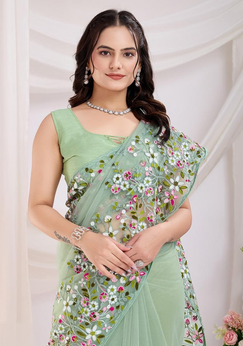 Pastel Green Embroidered Soft Saree Set