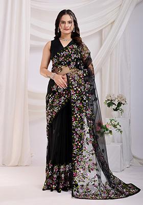 Black Embroidered Soft Saree Set