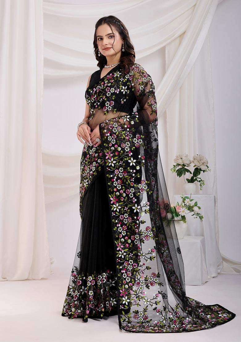 Black Embroidered Soft Saree Set