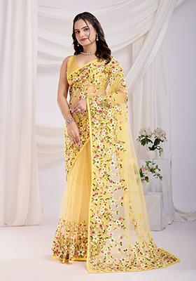 Yellow Embroidered Soft Saree Set