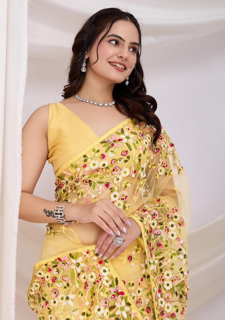 Yellow Embroidered Soft Saree Set