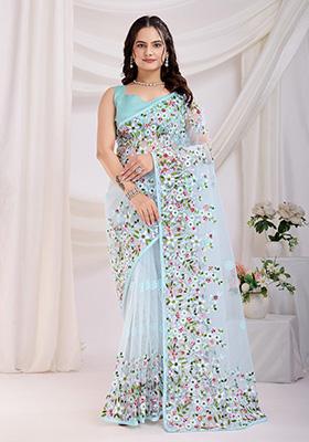 Sky Blue Embroidered Soft Saree Set