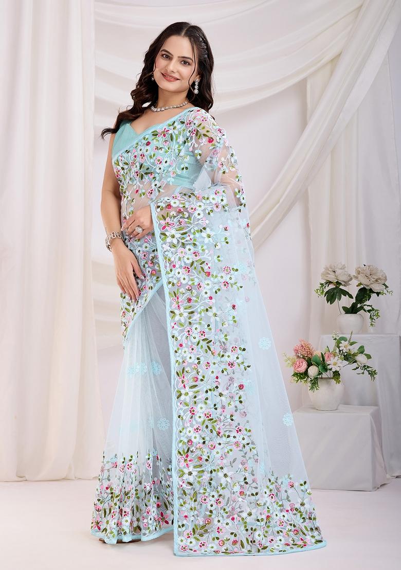 Sky Blue Embroidered Soft Saree Set